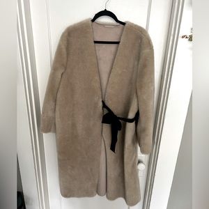 H&M long faux fur unlined coat with black waist ties size L